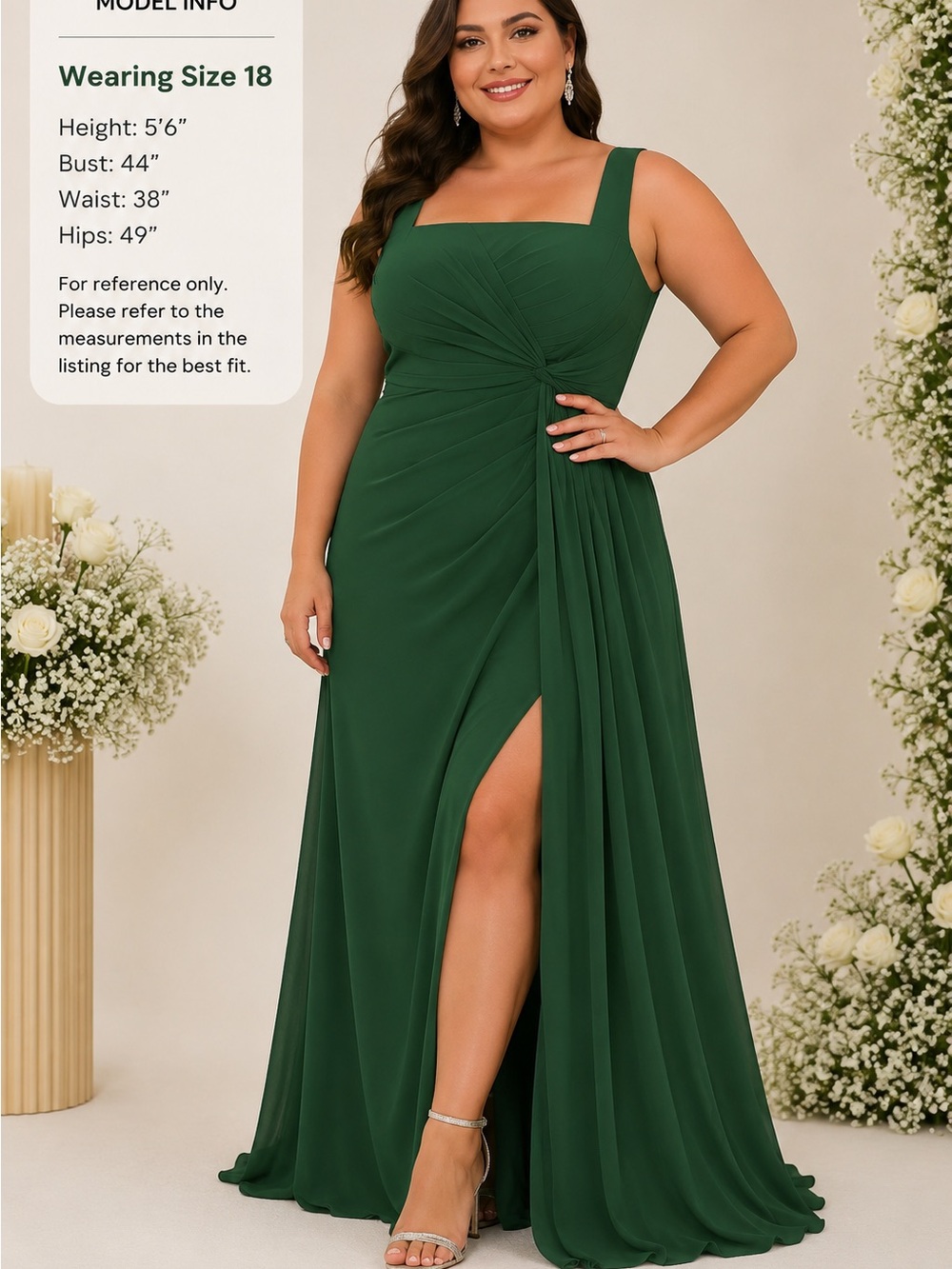 Plus-Size Forest Green Square-Neck Maxi Dress with Side Slit